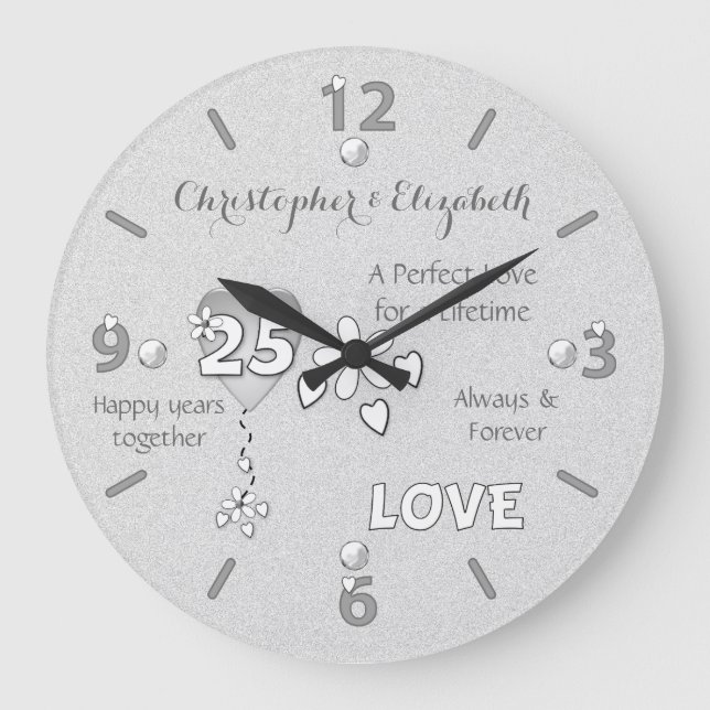 Anniversary 25 years hearts flowers and names große wanduhr (Vorderseite)