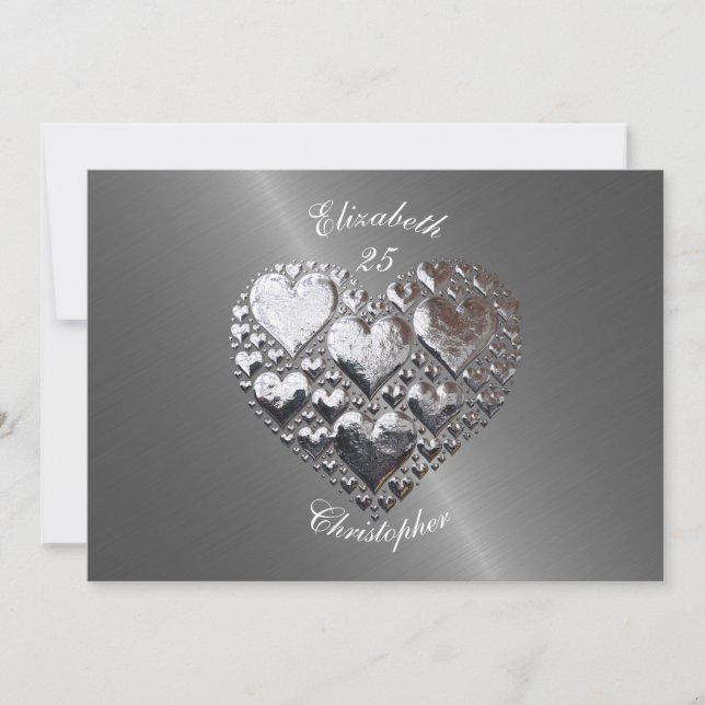 Anniversary Wedding Birthday Silver Hearts Steel Einladung (Vorderseite)