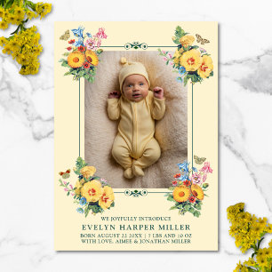 Annonce de naissance Fleurs Vintage Carte Jaune