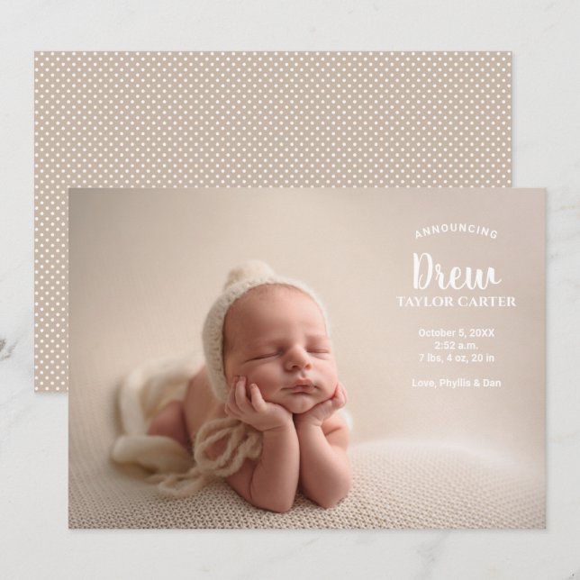 Annonce de notre Faire-part de naissance photo béb (Devant / Derrière)