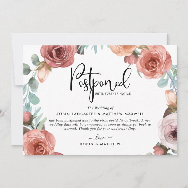 Annonce de report d'événement, Carte rose pêche Bl (Devant)