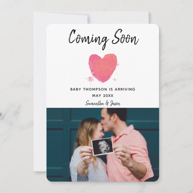 Announccard Watercolor Heart Pregnancy Foto Einladung (Vorderseite)