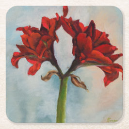 "Ann's Gift" Red Amaryllis Blume Ölgemälde Rechteckiger Pappuntersetzer