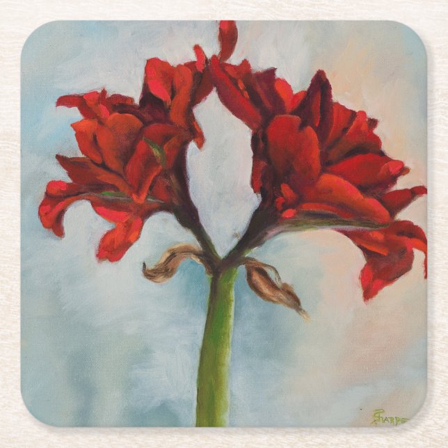 "Ann's Gift" Red Amaryllis Blume Ölgemälde Rechteckiger Pappuntersetzer (Vorderseite)