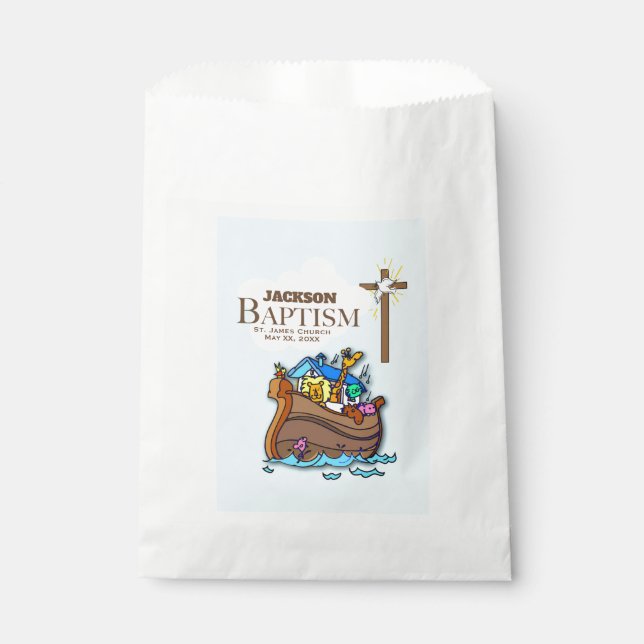 Anpassbar, Baby Boy Taufe Noah's Ark Geschenktütchen (Vorderseite)