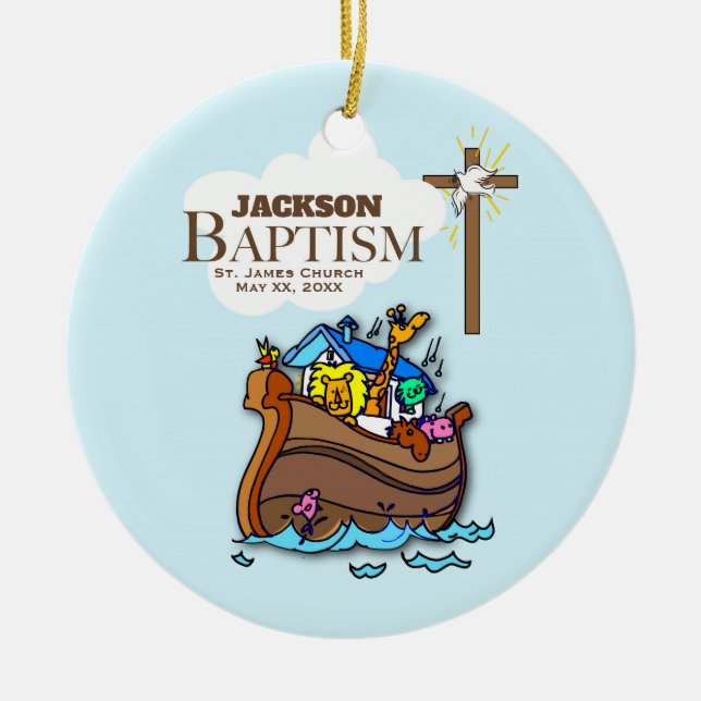 Anpassbar, Baby Boy Taufe Noah's Ark Keramikornament (Vorne)