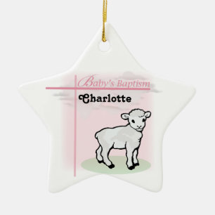 Anpassbar, Taufe, Rosa, Mädchen, Lamm Keramik Ornament