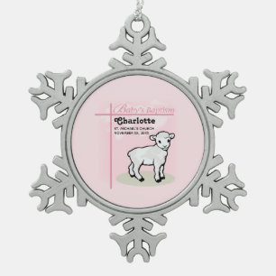 Anpassbar, Taufe, Rosa, Mädchen, Lamm Schneeflocken Zinn-Ornament