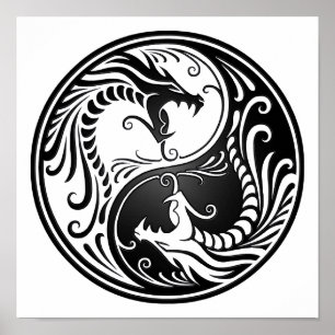 Anpassbare Black Yin Yang Dragons Poster