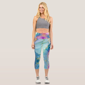 Anpassbare Blau Lila Gold Hochtaillierte Caprihose Capri Leggings