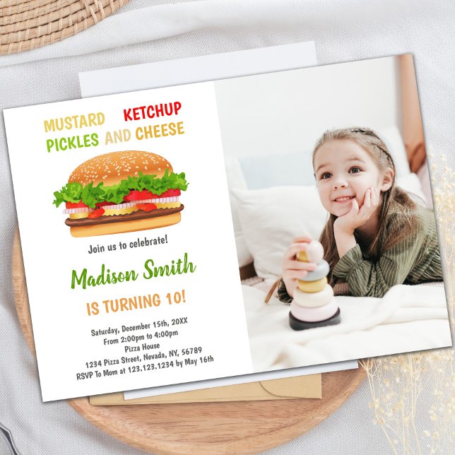 Anpassbare Burger-Party Einladungen für Kinder (Burger Birthday Invitations with photo)