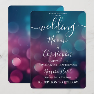 Anpassbare dunkle rosa blaue Bokeh-Hochzeit Einladung