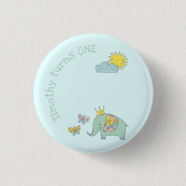 Anpassbare Elefanten und Schmetterlinge zum Geburt Button (Vorderseite)