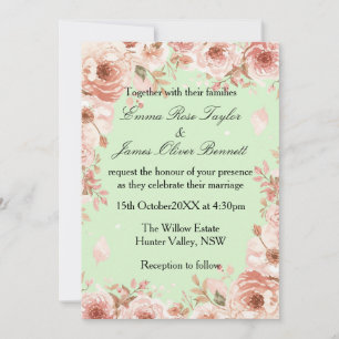 Anpassbare Florale Mint- und Rosa-Rosen-Hochzeit Einladung