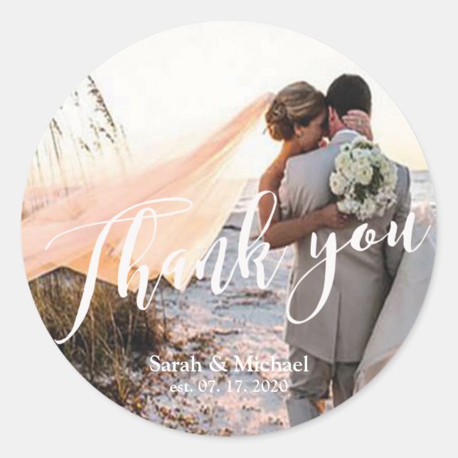 Anpassbare Foto Hochzeit Vielen Dank Runder Aufkleber (Vorderseite)