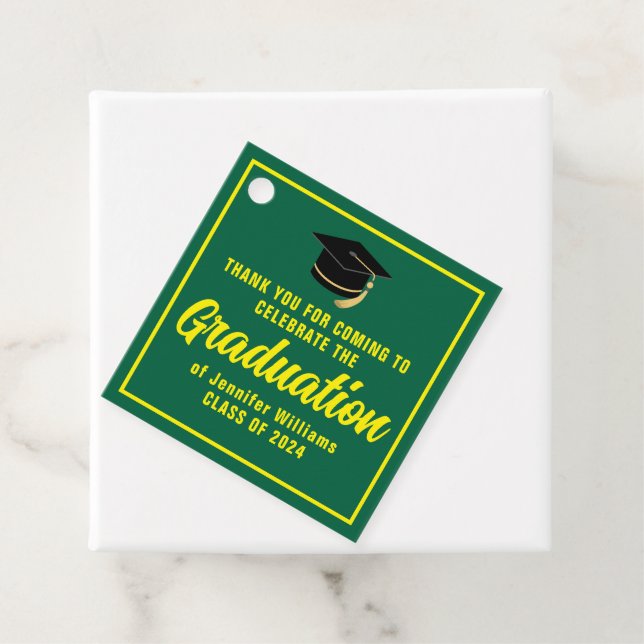 Anpassbare grüne, gelbe Graduierungspartei Geschenkanhänger (Beispiel)