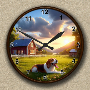 Anpassbare ländliche Farmhaus- und Beagle-Uhr Runde Wanduhr