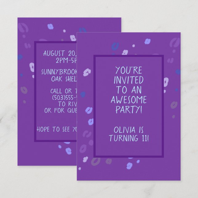 Anpassbare Lila Leopard-Party Einladung (Vorne/Hinten)