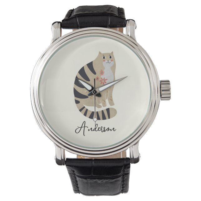 Anpassbare Minimalistische Niedliche Lächelkatze Armbanduhr (Vorderseite)