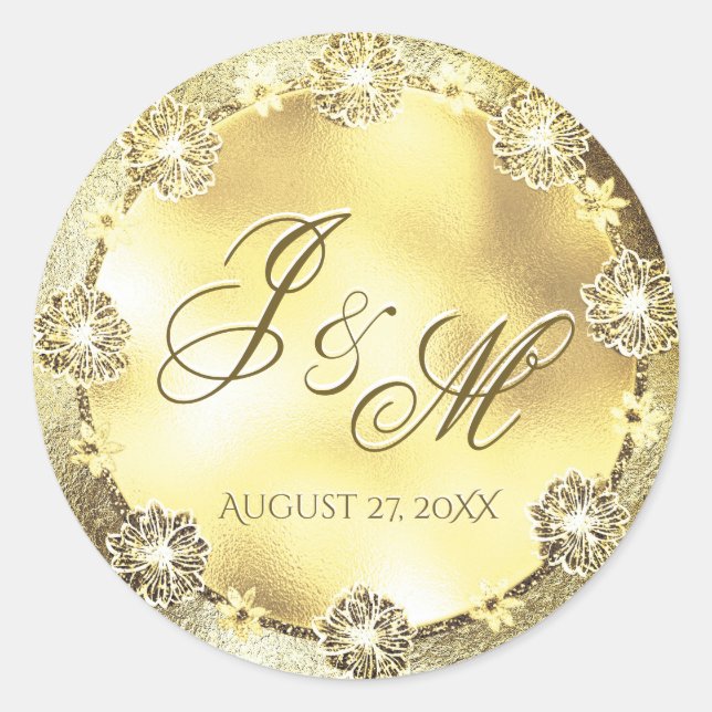 Anpassbare Monogram-HochzeitGold-Blume für Siegel Runder Aufkleber (Vorderseite)