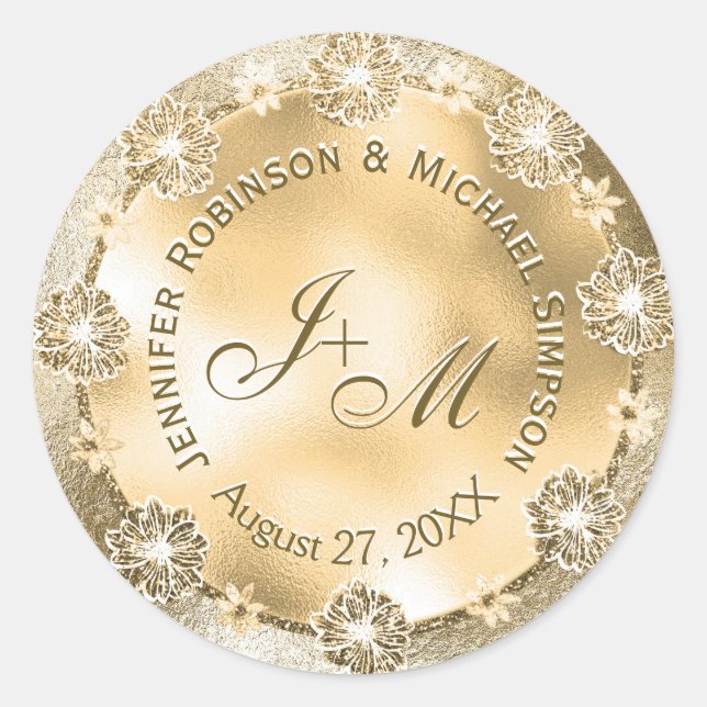 Anpassbare Monogram-HochzeitGold-Blume für Siegel Runder Aufkleber (Vorderseite)
