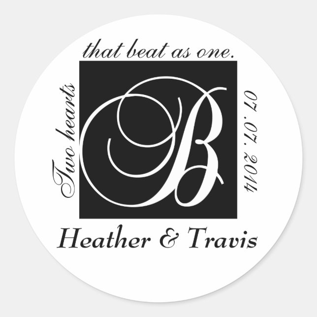 Anpassbare Monogramm B-Hochzeitsticker Schwarz Runder Aufkleber (Vorderseite)
