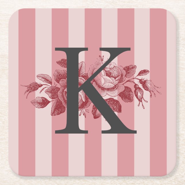 Anpassbare Monogramm Rosa Streifen Cabbage-Rose Rechteckiger Pappuntersetzer (Vorderseite)