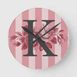 Anpassbare Monogramm Rosa Streifen Cabbage-Rose Runde Wanduhr