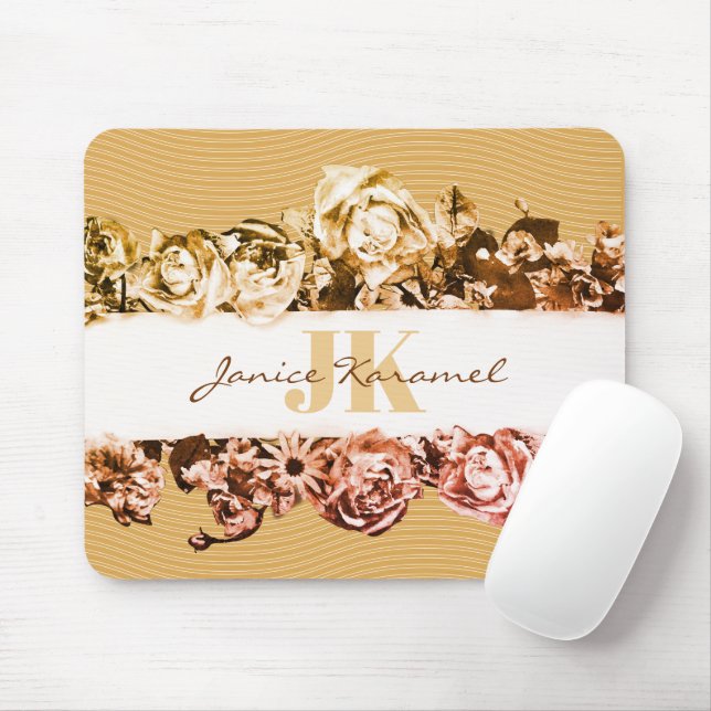Anpassbare Name Gold Rose Chic Monogram Luxus Mousepad (Mit Mouse)