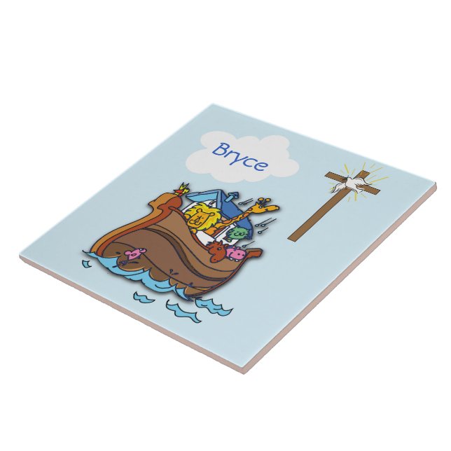 Anpassbare Noah's Ark Baby Taufe, Boy Blue Fliese (Seite)