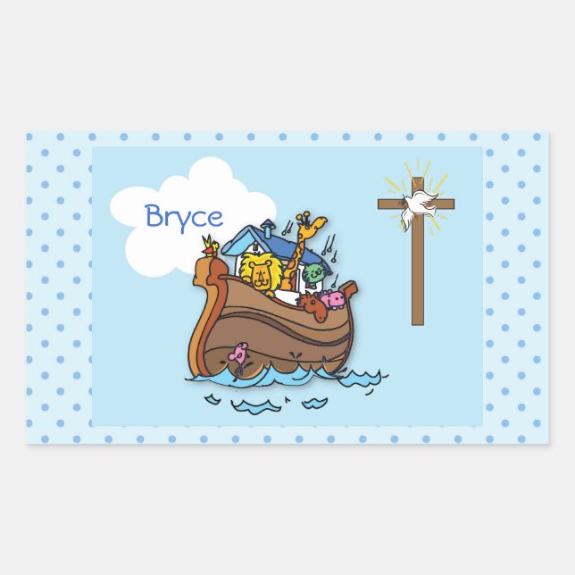 Anpassbare Noah's Ark Baby Taufe, Boy Blue Rechteckiger Aufkleber (Vorderseite)