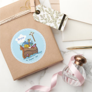 Anpassbare Noah's Ark Baby Taufe, Boy Blue Runder Aufkleber