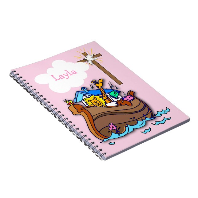 Anpassbare Noahs Ark Baby Taufe, Girl Pink Notizblock (Rechte Seite)