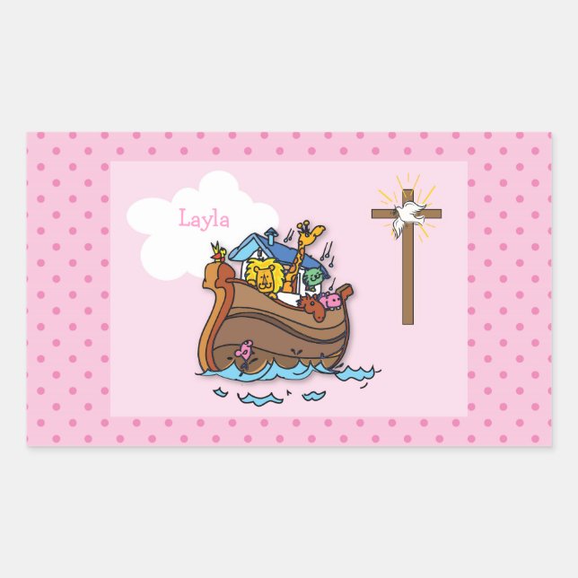 Anpassbare Noahs Ark Baby Taufe, Girl Pink Rechteckiger Aufkleber (Vorderseite)