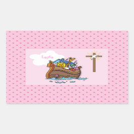 Anpassbare Noahs Ark Baby Taufe, Girl Pink Rechteckiger Aufkleber