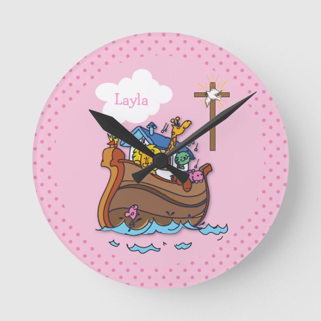 Anpassbare Noahs Ark Baby Taufe, Girl Pink Runde Wanduhr (Vorderseite)