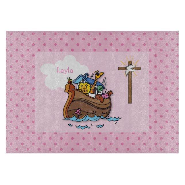 Anpassbare Noahs Ark Baby Taufe, Girl Pink Schneidebrett (Vorderseite)