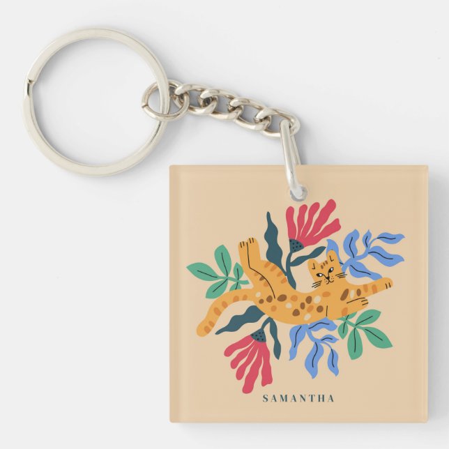 Anpassbare Ocelot Kitty Cat & Matisse Blätter Schlüsselanhänger (Vorderseite)