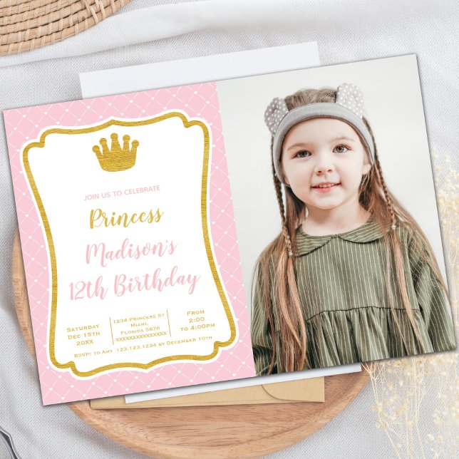 Anpassbare Party Einladungen von Princess für Kind (Pink Fram Crown Princess Cards with photo)