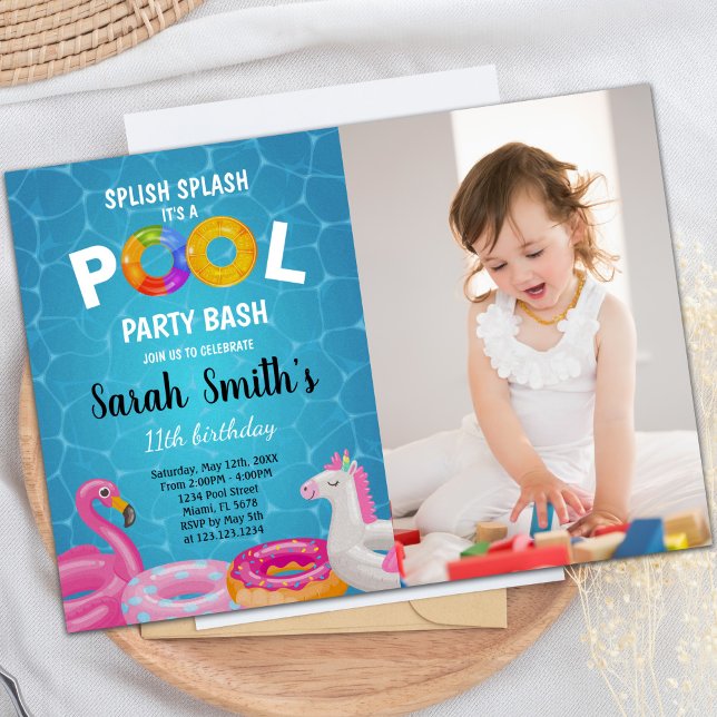Anpassbare Pool-Party Einladungen für Kinder (Water Pool Birthday Invitations with photo)