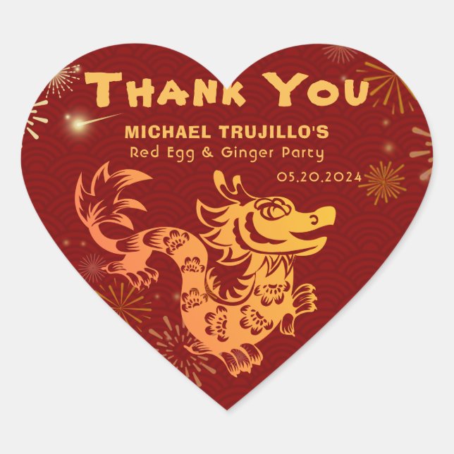 Anpassbare Red Gold Dragon Fireworks Vielen Dank Herz-Aufkleber (Vorderseite)