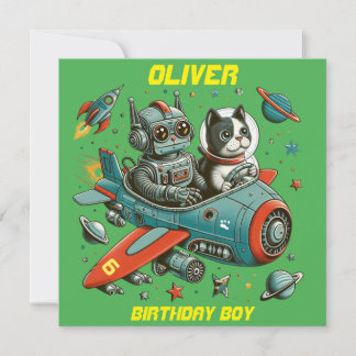 Anpassbare Retro-Roboter und -Katze im Weltraum Einladung