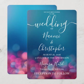Anpassbare rosa Bokeh-Blau-Hochzeit Einladung