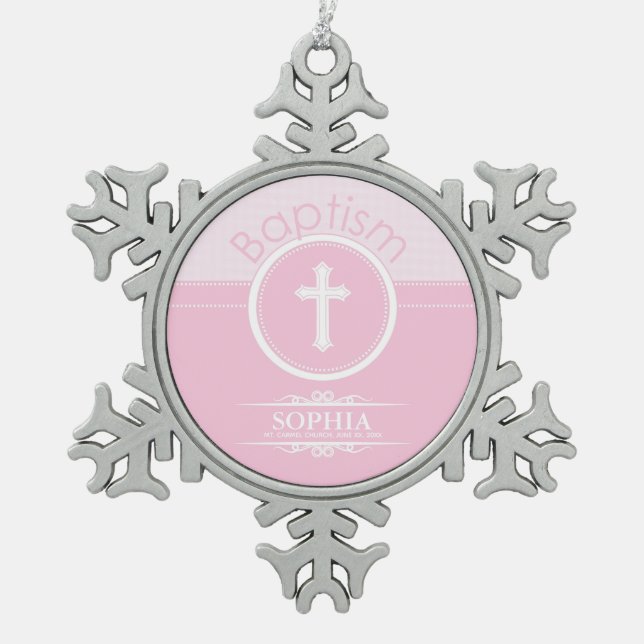 Anpassbare, rosa Mädchenkind Gottes Taufe Schneeflocken Zinn-Ornament (Vorderseite)