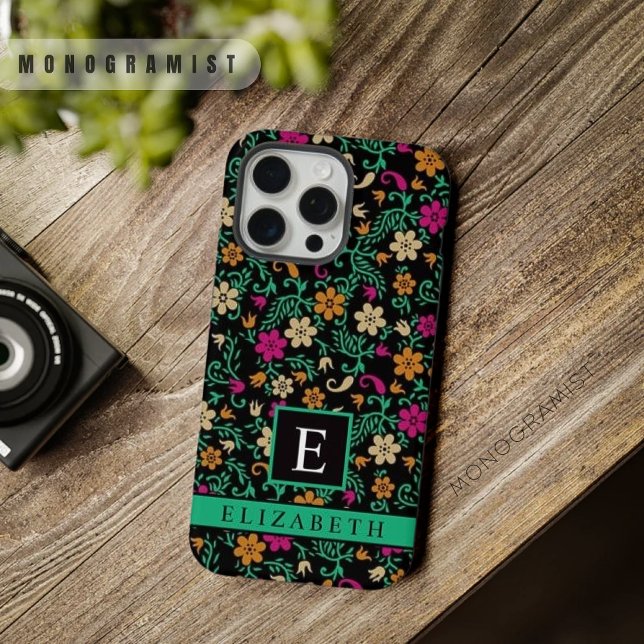 Anpassbare schwarze Blumen pink grüne Blumen iPhone 15 Pro Max Hülle (Customizable Black Floral Pink Green Flowers iPhone Case)