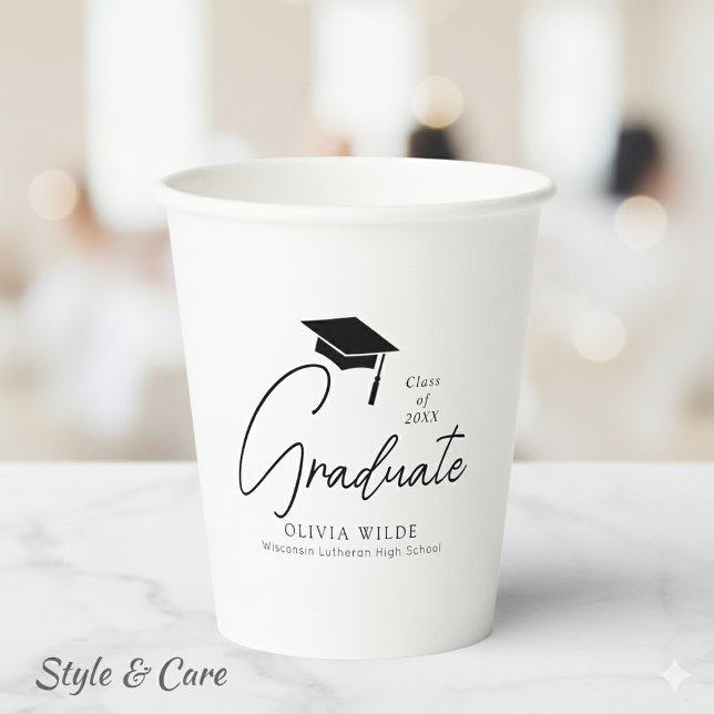 Anpassbare Script Schwarz & Weiß Abschluss 8oz Pappbecher (Customizable Script Black & White Graduation 8oz Paper Cups)