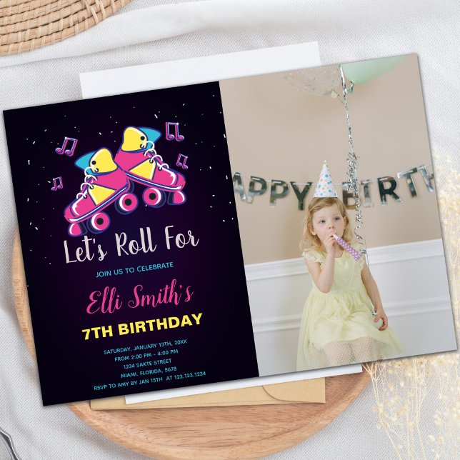 Anpassbare Skaten-Party Einladungen für Kinder (Pink Skate invitations with photo)