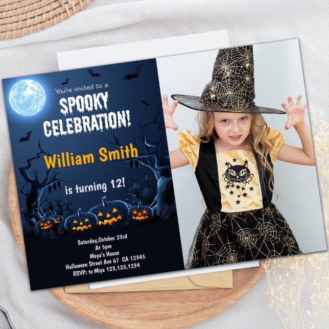 Anpassbare Spooky-Party Einladungen für Kinder (Pumpkins Halloween Birthday Invitations w photo)