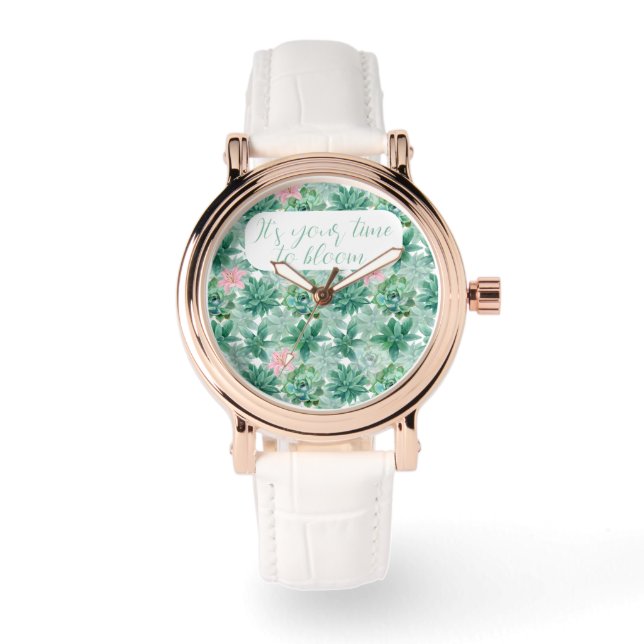 Anpassbare Sukkulente "Es ist Zeit, zu blühen" Armbanduhr (Vorderseite)