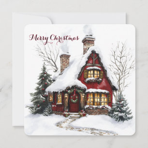 Anpassbare Weihnachtskarte mit Aquarell-Haus Feiertagskarte